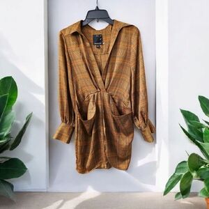 C/Meo Brown Plaid Long Sleeve Dress NWOT